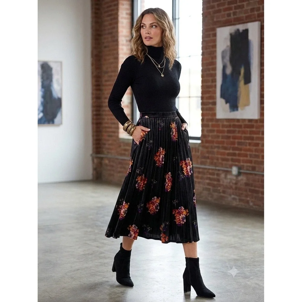 Anthropologie Maeve pleated velvet floral midi skirt Size S boho black